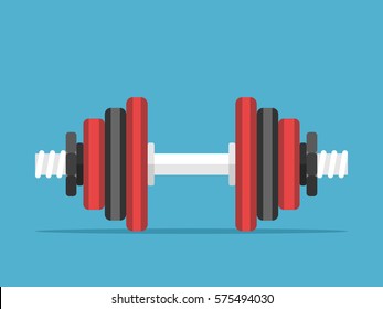 Assembled dumbbell with red and black disks on blue background. Sports, weight lifting and exercise concept.Flat design. Vector illustration. EPS 8, no transparency