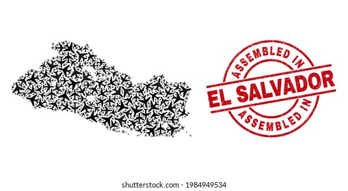 Assembled In El Salvador rubber seal, and El Salvador map collage of air force elements. Collage El Salvador map constructed from aviation items. Red seal with Assembled In El Salvador text,