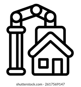 Assembled house and crane line icon, construction concept. Vector graphics. 3D printed cottage building sign on white background, style mobile or design
