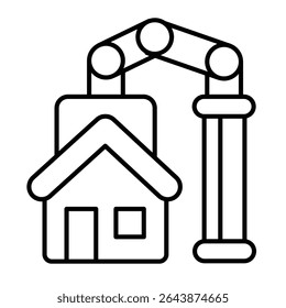 Assembled house and crane thin line icon, construction concept. Vector graphics. 3D printed cottage building sign on white background, style mobile or design