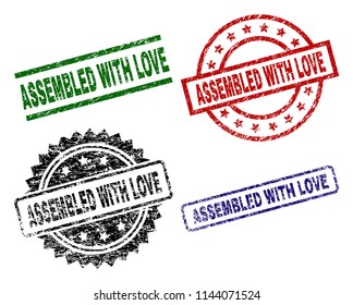 ASSEMBLED WITH LOVE seal prints with corroded style. Black, green,red,blue vector rubber prints of ASSEMBLED WITH LOVE text with retro style. Rubber seals with circle, rectangle, rosette shapes.