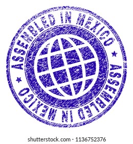 ASSEMBLED IN MEXICO stamp watermark with grunge texture. Blue vector rubber print of ASSEMBLED IN MEXICO caption with scratched texture. Seal has words placed by circle and globe symbol.