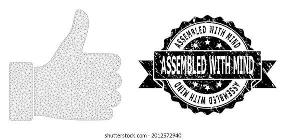 Assembled with Mind dirty seal imitation and vector thumb up mesh structure. Black stamp seal contains Assembled with Mind title inside ribbon and rosette. Abstract flat mesh thumb up,