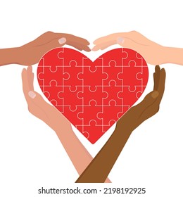 assembled puzzle mosaic heart. hands symbol of the heart, multicultural community of care and mercy. concept of kindness and love for people, vector flat cartoon illustration