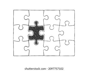 Assembled puzzle. Puzzle pieces. A puzzle different from all. Hand drawn icons. Vector illustration