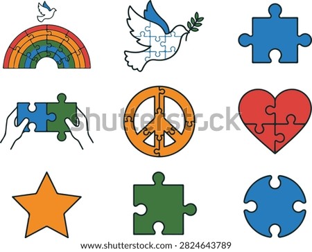 Assembled puzzle pieces forming rainbows doves hearts stars and global unity symbols. Conceptual illustrations depicting problem solving connection and teamwork in clean flat graphic design style