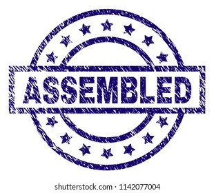 ASSEMBLED seal print with grunge texture. Designed with rectangle, circles and stars. Blue vector rubber print of ASSEMBLED caption with grunge texture.