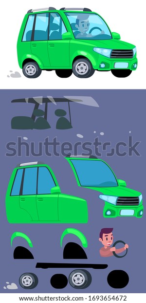 Assembled toy cartoon car for\
animation. Model for interpolation. Young man driving green car.\
Vector illustration of a cheerful man driving on isolated\
background.