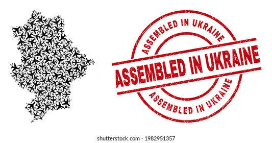 Assembled in Ukraine scratched stamp, and Donetsk Republic map mosaic of aeroplane elements. Mosaic Donetsk Republic map designed with airplanes. Red stamp with Assembled in Ukraine word,
