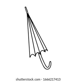Assembled umbrella with a cane. Design element of weather, travel. Protection from rain and sun.Black white vector illustration in doodle style. Simple outline drawing.Hand drawn and isolated on white