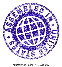 ASSEMBLED IN UNITED STATES stamp watermark with distress texture. Blue vector rubber print of ASSEMBLED IN UNITED STATES tag with unclean texture. Seal has words placed by circle and globe symbol.