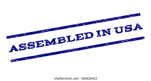 Assembled In USA watermark stamp. Text caption between parallel lines with grunge design style. Rubber seal stamp with scratched texture. Vector color ink imprint on a white background.