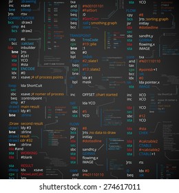 Assembler abstract program source  with working sheme on screen - programing or debugging process vector illustration