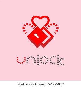 Assembling of 2 unlock simple line icons become heart shape. Its metaphorical as romantic love. Unlock concept design. Creative valentine’s heart symbol.  Vector illustration.