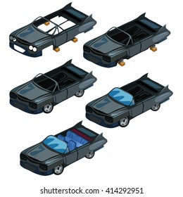 Assembling black cabriolet from parts at the factory. Vector illustration.