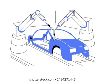 Assembling car body panels abstract concept vector illustration. Robotic arm puts metal parts together, welding process at factory, automotive industry, car manufacturing abstract metaphor.