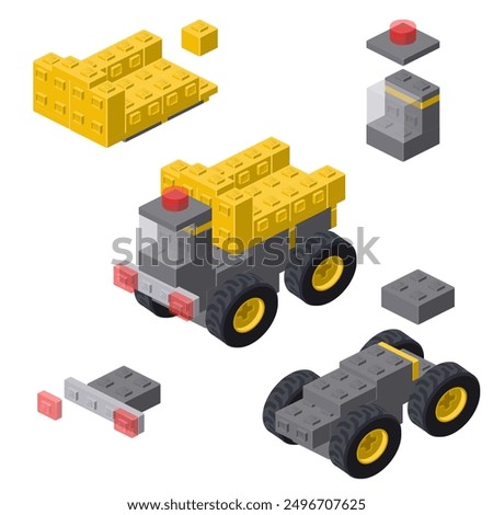 Assembling a dump truck, instructions for the toy. Vector