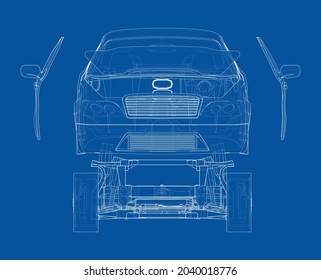Assembling electric car. Vector rendering of 3d. Wire-frame style. The layers of visible and invisible lines are separated. Orthography or isometric