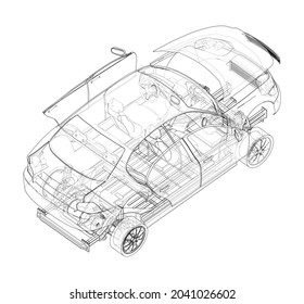 Assembling electric car. Vector rendering of 3d. Wire-frame style. The layers of visible and invisible lines are separated. Orthography or isometric