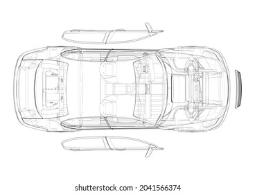 Assembling electric car. Vector rendering of 3d. Wire-frame style. The layers of visible and invisible lines are separated. Orthography or isometric