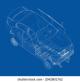 Assembling electric car. Vector rendering of 3d. Wire-frame style. The layers of visible and invisible lines are separated. Orthography or isometric