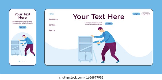 Assembling furniture adaptive landing page flat color vector template. Handyperson with drill mobile and PC homepage layout. Repairman one page website UI. Home repairs webpage cross platform design