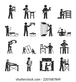 Möbelsymbole zusammenstellen. Herstellung, Montage und Montage von Möbeln. Mann mit Werkzeugen. Vektorschwarz-weißes Symbol, Reparatur. Einzelzeichen