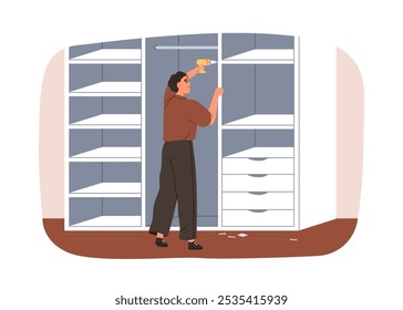 Assembling furniture, wardrobe. Worker installing closet in home interior. Installer fixing cloakroom shelves during installation, assembly. Flat vector illustration isolated on white background