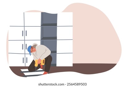 Assembling furniture, wardrobe. Worker installing closet in home interior.  Hand drawing vector illustration.