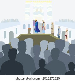 Assembling the Jewish People Vector drawing of dozens of men and women gathering in the Temple in Jerusalem. Looking at the king holding a Torah scroll and the high priest on a large wooden platform