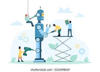 Assembling machines and program, AI technology production vector illustration. Cartoon tiny engineers repair robot with mechanic diy tools and equipment, scientists fix android, create hardware