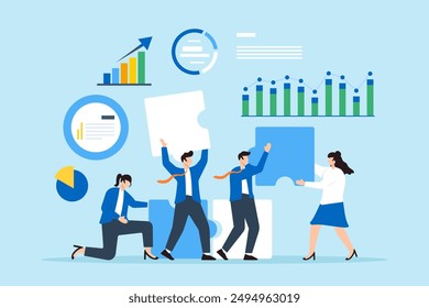 Assembling market strategies, comprehensive data analysis, collaborative problem-solving, insightful decision-making concept vector illustration. Business analysts building puzzle with charts