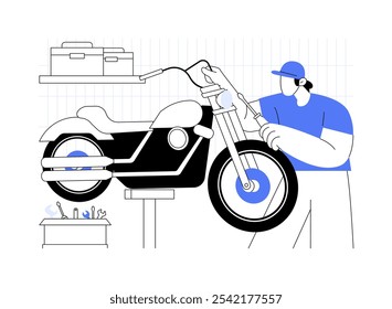 Assembling motorcycle isolated cartoon vector illustrations. Hipster man fixing bike in garage, motorcycle assembly process, hobby, hands on activity, mechanic maintenance vector cartoon.