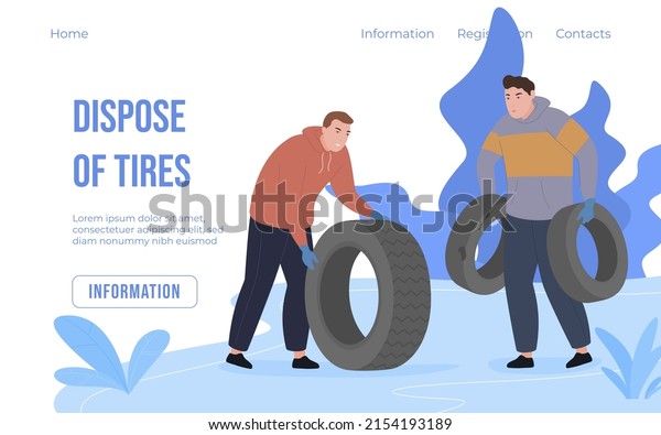 Assembling non organic garbage promo\
landing page information vector illustration. Male volunteers carry\
rubber car wheels ecology environment safety internet banner. Waste\
collection\
classification