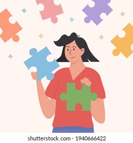 Assembling puzzle, finding right decision idea flat vector. Holding two suitable jigsaw pieces. Connect together. Woman finding herself. Girl feeling incomplete. Mental rehabilitation, psychotherapy.