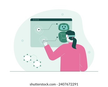 Assembling a robot through a screen viewed from virtual glasses, meta verse vector illustration.