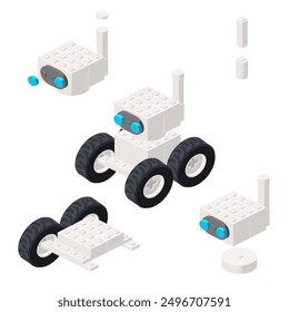 Assembling a white robot in isometry. Vector