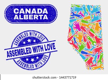 Assembly Alberta Province map and blue Assembled with Love distress seal stamp. Colorful vector Alberta Province map mosaic of equipment elements. Blue round Assembled with Love stamp.