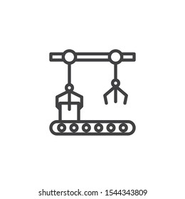 Assembly automatic production line icon. linear style sign for mobile concept and web design. Conveyor belt and Robotic arm outline vector icon. Symbol, logo illustration. Vector graphics