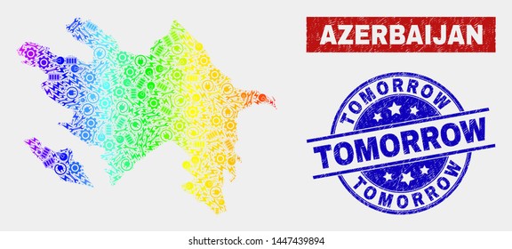 Assembly Azerbaijan map and blue Tomorrow textured seal stamp. Colorful gradiented vector Azerbaijan map mosaic of machinery units. Blue round Tomorrow seal.