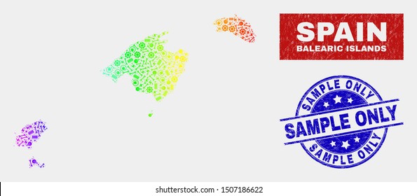 Assembly Balearic Islands map and blue Sample Only textured seal. Rainbow colored gradient vector Balearic Islands map mosaic of industrial components. Blue round Sample Only seal.