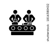 Assembly black glyph icon. Manufacturing process, human labor, production line silhouette symbol on white space. Factory workers manually assembling product on conveyor. Vector isolated illustration