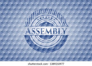 Assembly blue emblem or badge with geometric pattern background. Vector Illustration. Detailed.