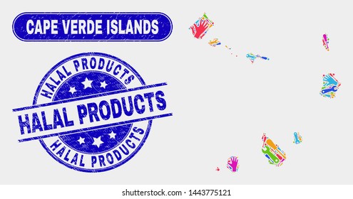 Assembly Cape Verde Islands map and blue Halal Products scratched seal stamp. Colored vector Cape Verde Islands map mosaic of equipment components. Blue rounded Halal Products stamp.