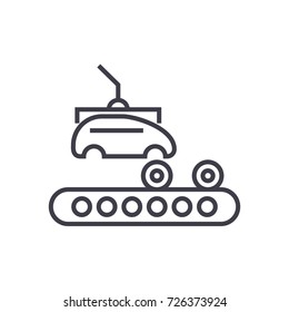 assembly car, conveyor vector line icon, sign, illustration on background, editable strokes