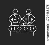 Assembly chalk white icon on black background. Manufacturing process, human labor, production line. Factory workers manually assembling product on conveyor. Isolated vector chalkboard illustration