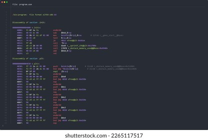 Assembly Code Programming Language. Machine Code Program Hexadecimal Code. Computer Memory. Vector Illustration. Hacking, Cryptography, Malware, Reverse Engineering, Data Analysis Backdrop.