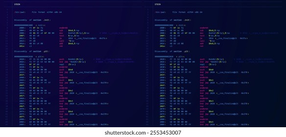 Assembly Code Programming Language. Machine Code Program Hexadecimal Code. Computer Memory. Vector Illustration. Hacking, Cryptography, Malware, Reverse Engineering, Data Analysis Backdrop.