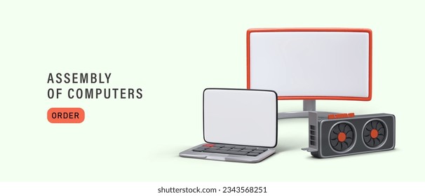 Assembly of computers. Selection of equipment for different needs. Gadgets for office workers, freelancers, students. Consultancy. Concept for computer accessories store