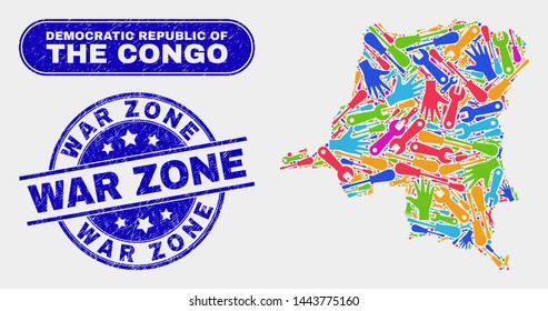 Assembly Democratic Republic of the Congo map and blue War Zone grunge seal stamp. Colored vector Democratic Republic of the Congo map mosaic of machinery elements. Blue round War Zone stamp.